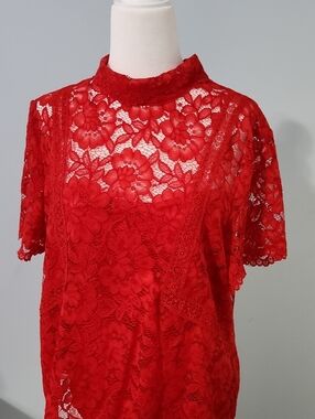 Laundry By Shelli Segal Red Floral Lace Short-Sleeve Blouse